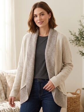 Chico's Cream Open-Front Shawl Collar Cardigan with Heathered Trim Size 3